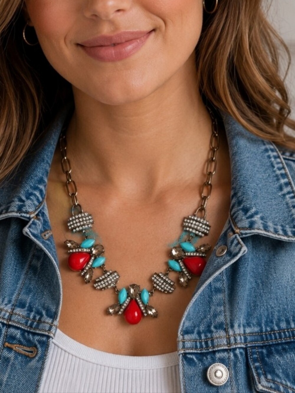 Faux Turquoise Tomato Red Clear Rhinestone Unsigned Statement Necklace Cabachons
